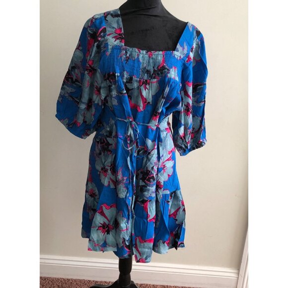 Band Of The Free Blue Floral Dress With Smocked Bodice & Puff Sleeves Medium NWT - Picture 2 of 10